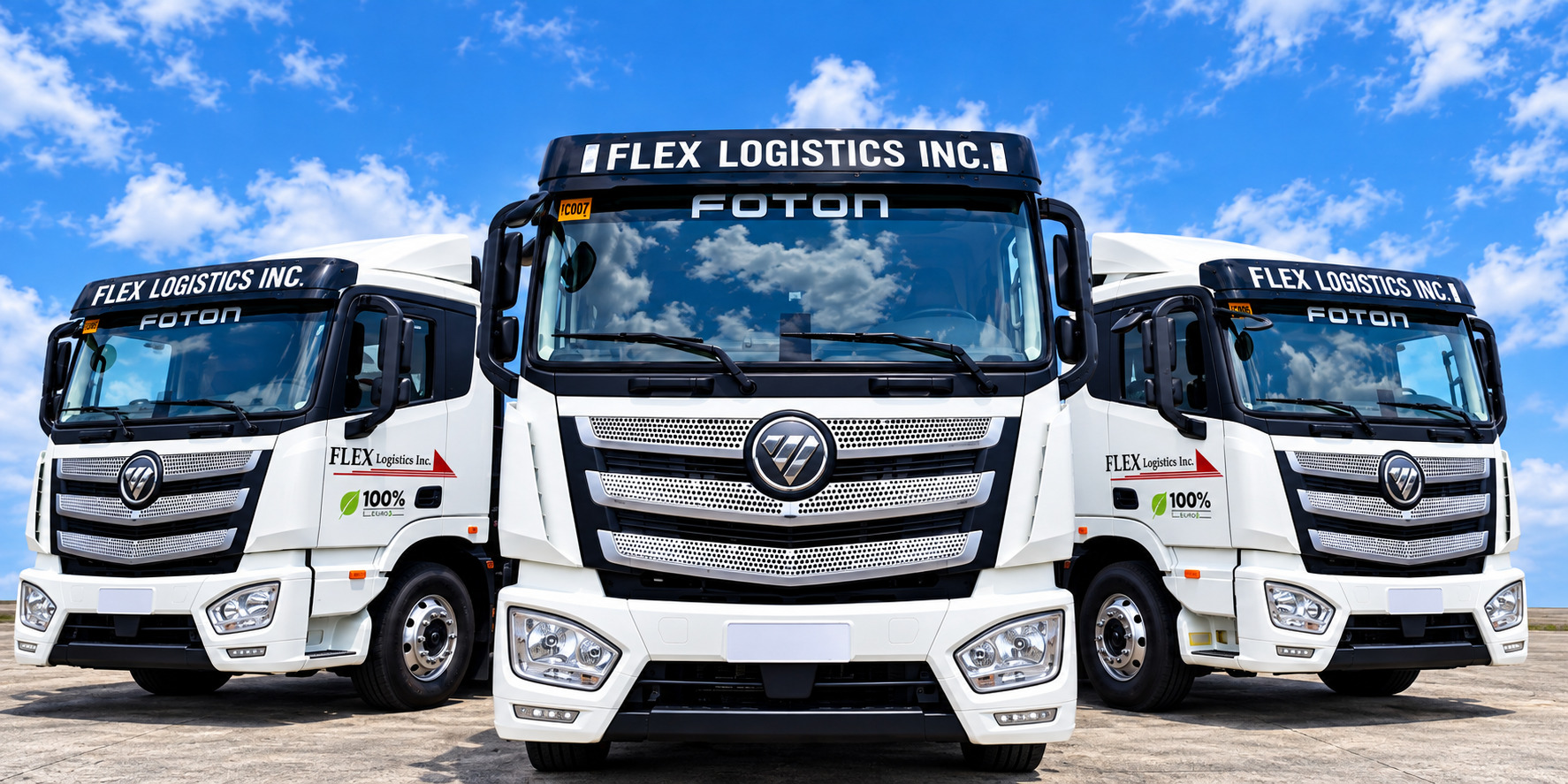 Three white Flex Logistics Inc. Foton trucks parked side by side under a blue sky