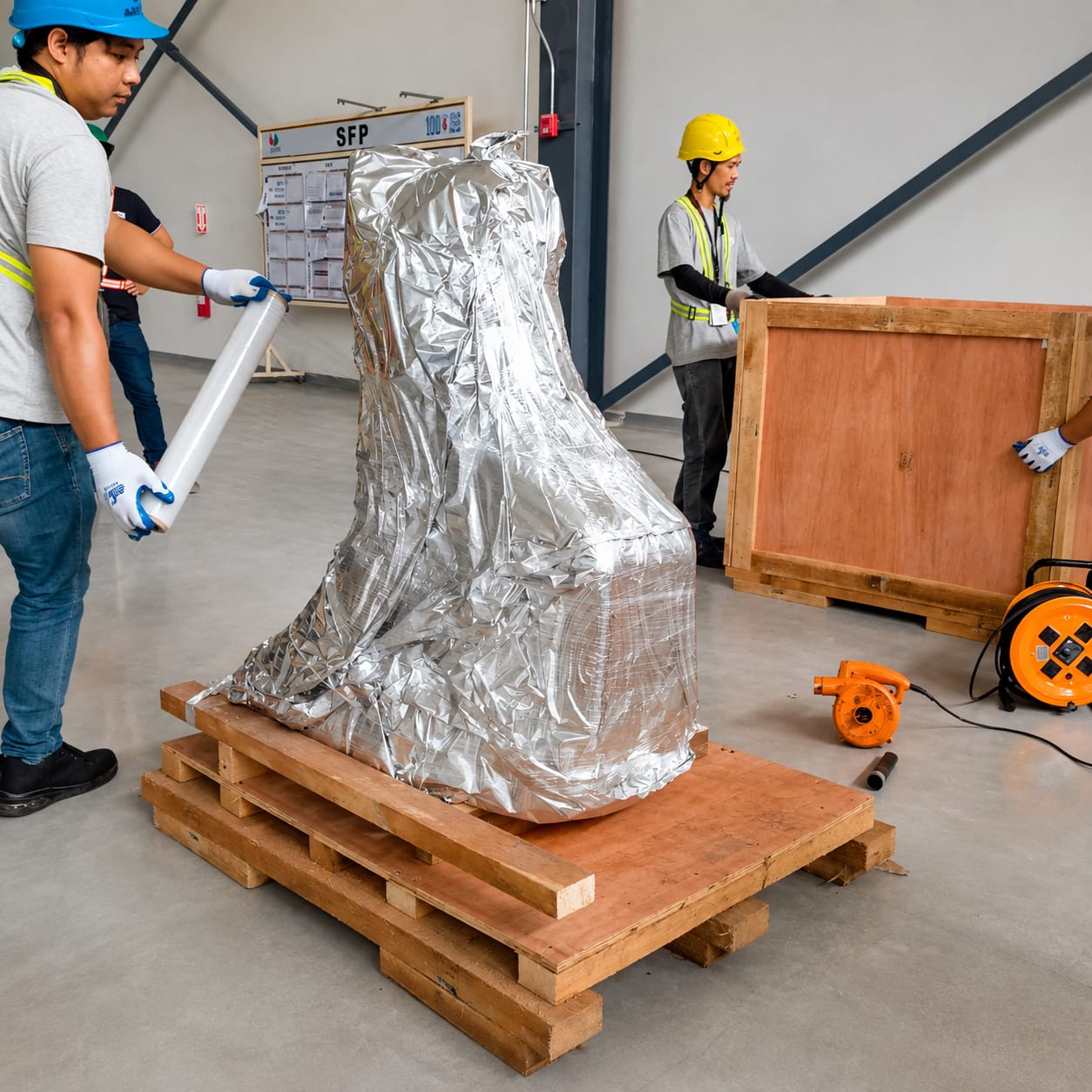 Workers wrapping machinery for shipment on a wooden pallet