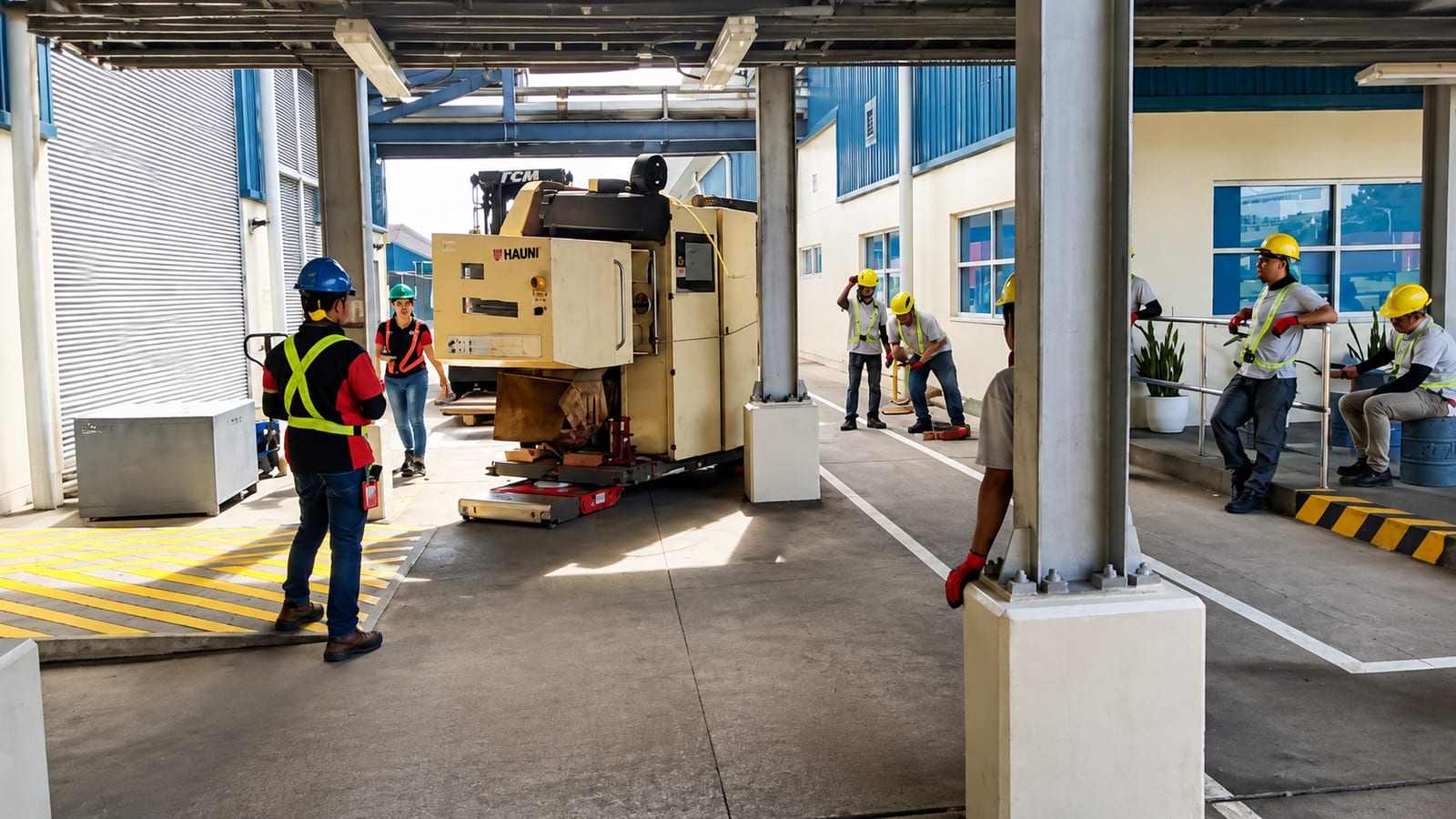 Flex Logistics Inc. crew positioning heavy machinery inside a client facility