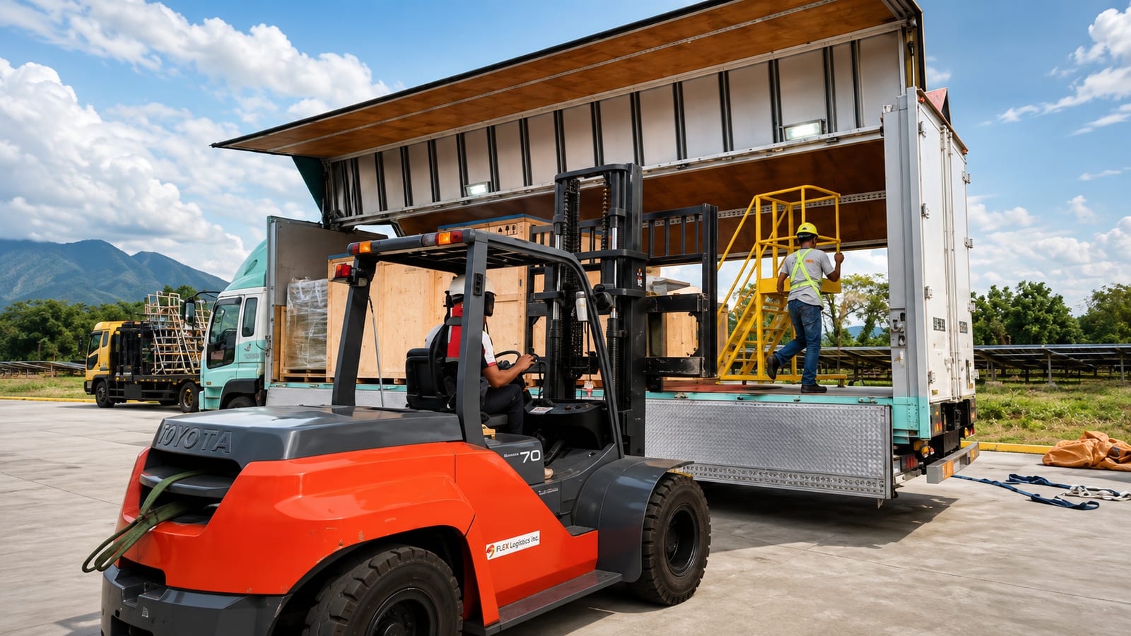 Flex Logistics Inc. forklift loading crated cargo into a delivery truck
