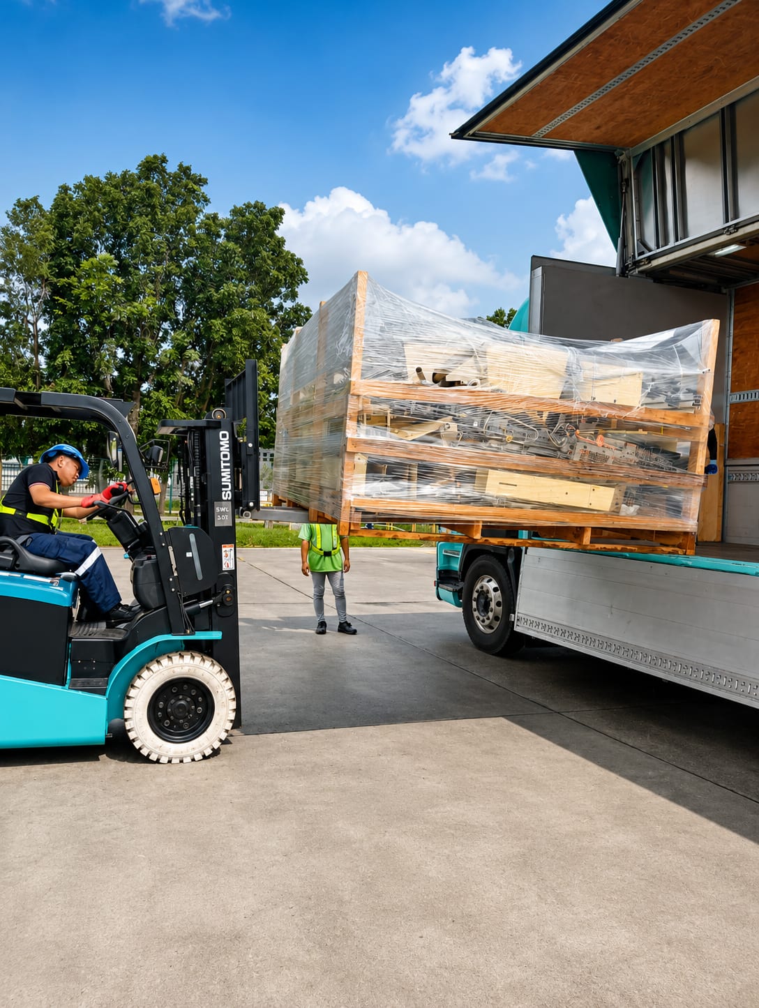 Forklift unloading an oversized crate from a delivery truck