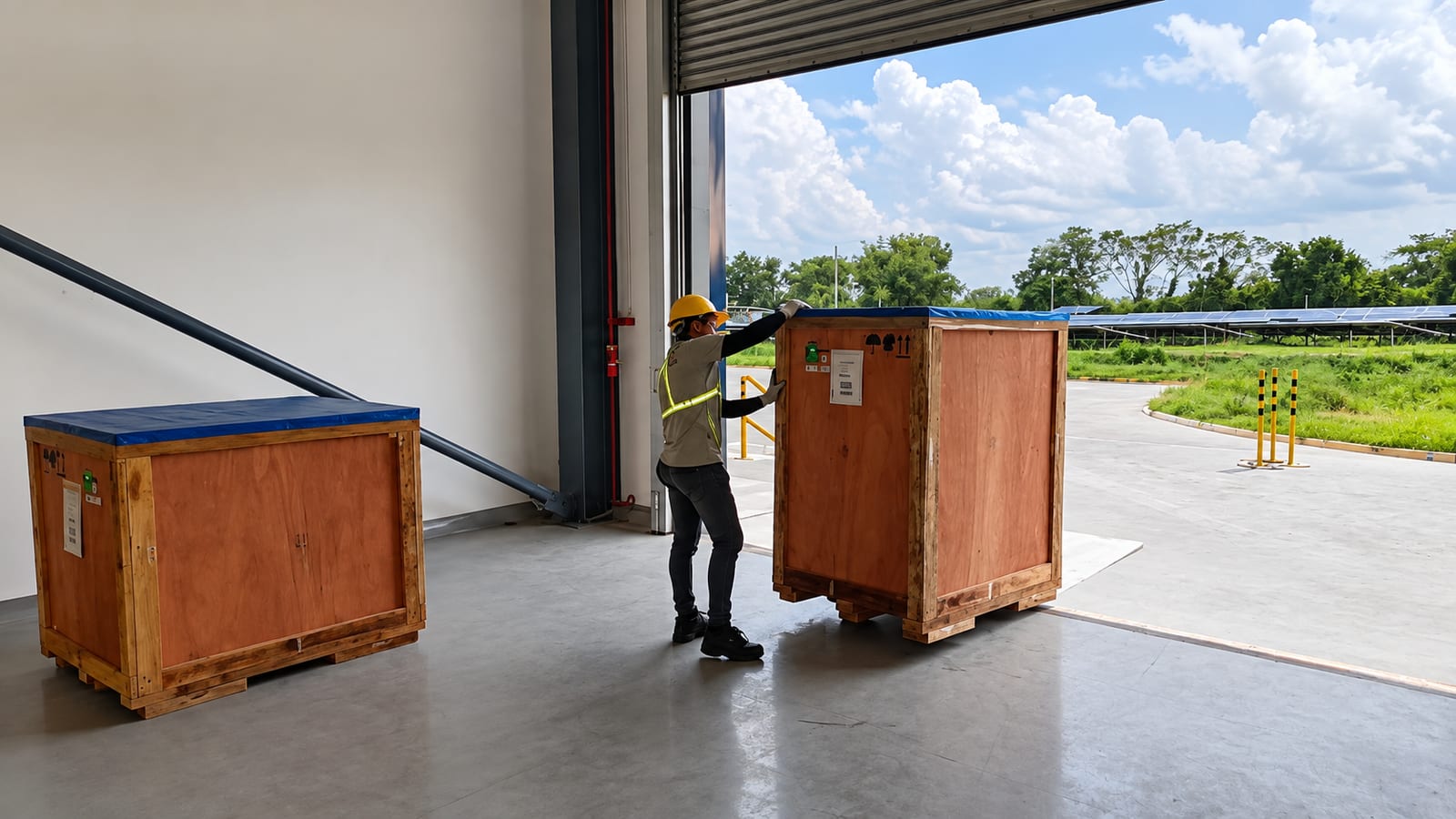 Wooden crates staged at a warehouse loading dock